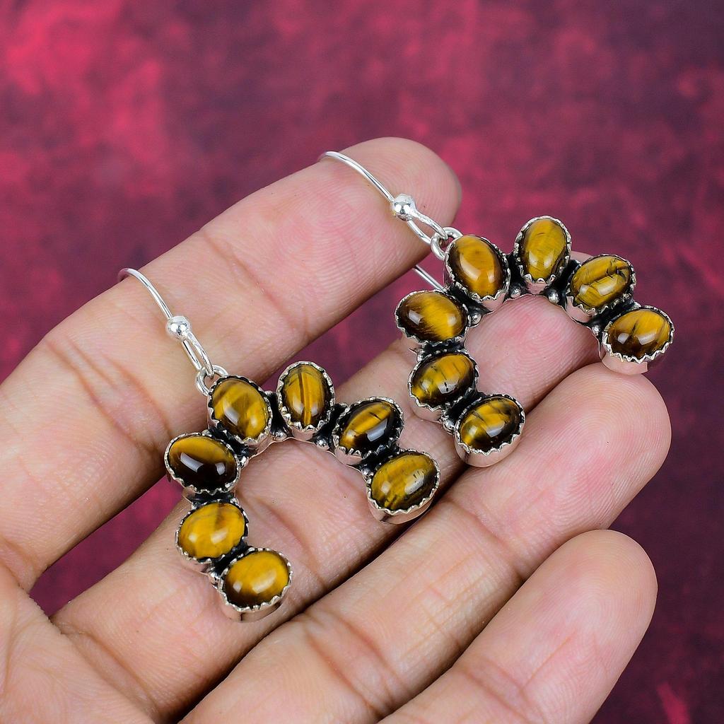 Tiger's Eye Earrings, Gemstone Handmade Solid 925 Sterling Silver Earring Jewelry, For Memorial Day