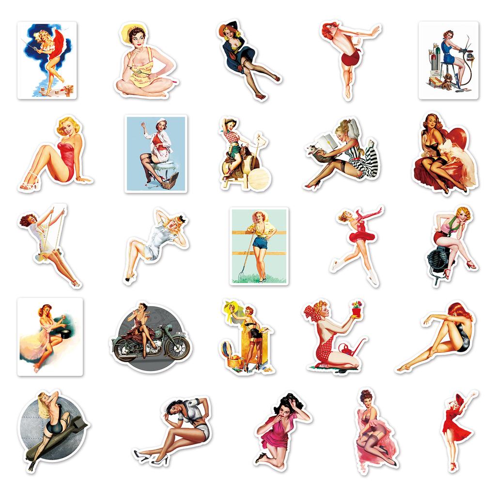 50 Retro Posters Girl Doodle Personalized Sexy DIY Skateboard Water Cup Suitcase Stickers Waterproof