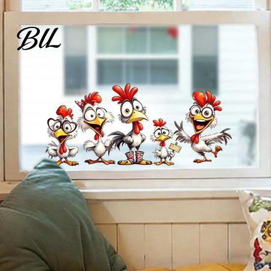 Waterproof PVC Window Clings Cartoon Rooster Static Glass Sticker, Funny Roosters Clings, Removable Decorative Farmhouse Film Decal, Sunproof Stickers