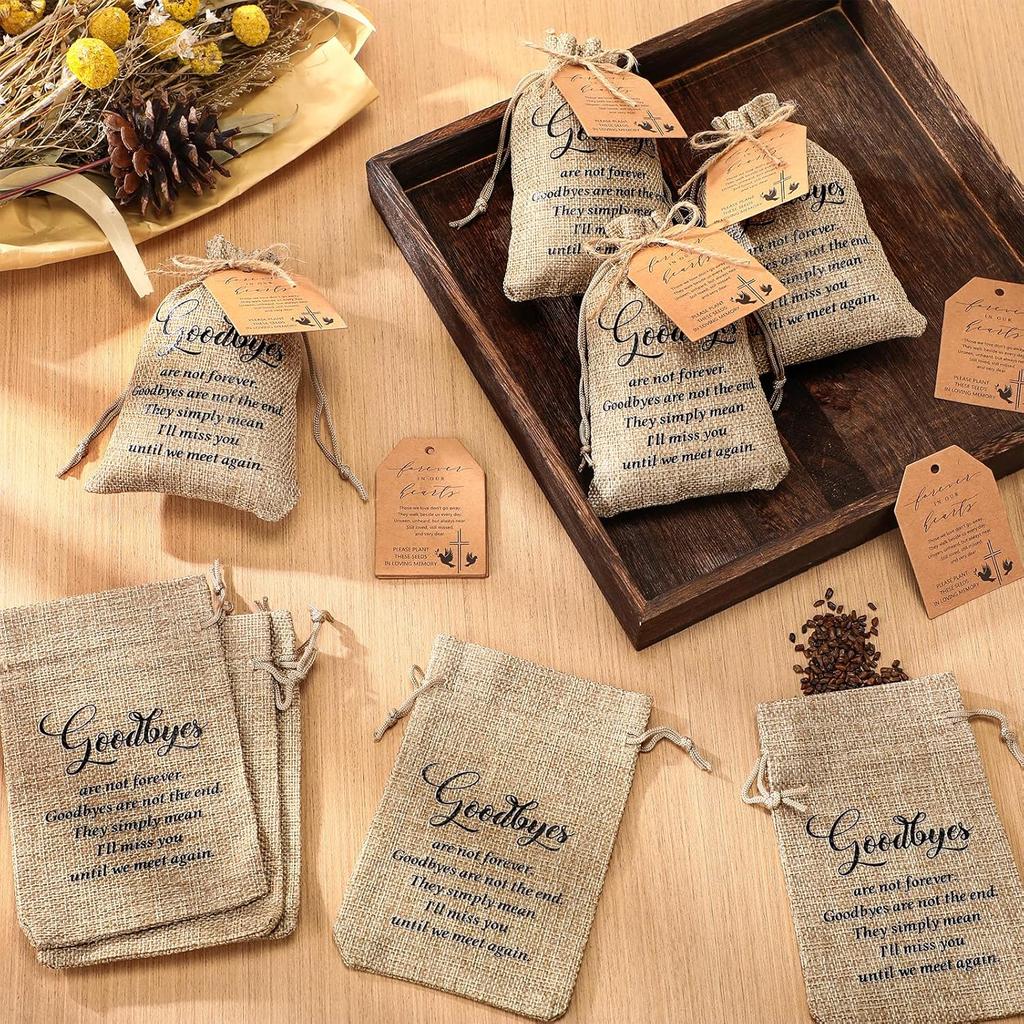 Tanlade 50 Наборов Подарков на Поминки Навсегда в Наших Сердцах Органайзер для Пакетиков с Семенами Подарочный Мешочек из Мешковины с Молитвенными Метками и Шпагатом для Празднования