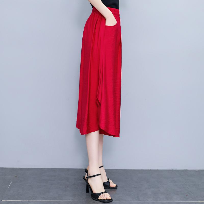 Women's Spring Summer and Autumn Thin Section of Pure Colour Cotton and Linen Leisure Comfortable Breathable Seven-minute Wide Legged Trousers