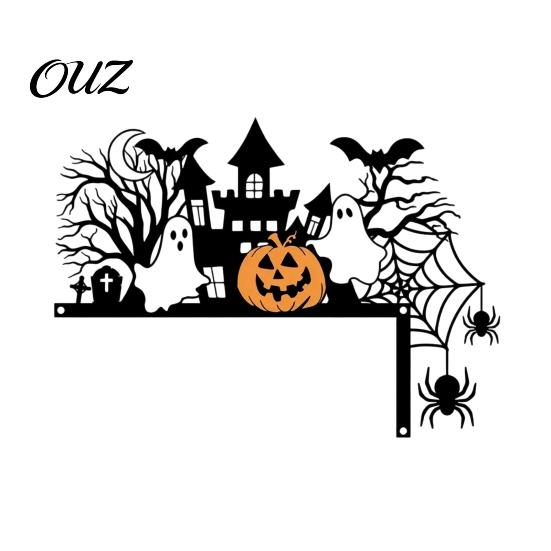 Hollow Silhouette Wall Accents Halloween Door Topper with Castle Ghost Pumpkin Spider and Bat Silhouette, 2D Flat Seasonal Home Furnishings