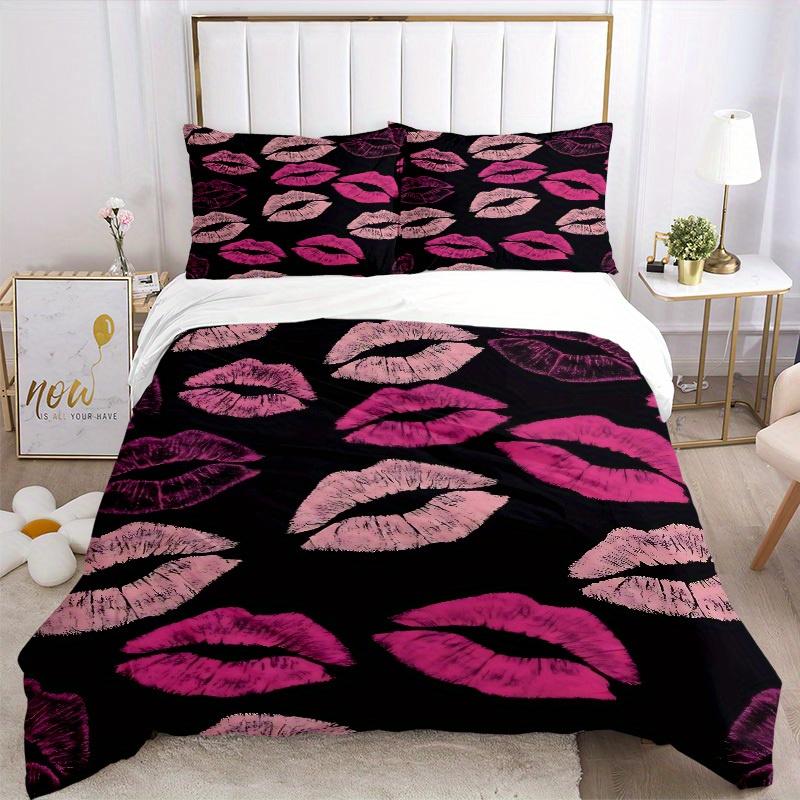3pcs Lipstick Kiss Print Bedding Set, Breathable and Soft, Suitable for Bedroom Decor (1*Duvet Cover + 1/2*Pillowcases, No Core) yy250821128