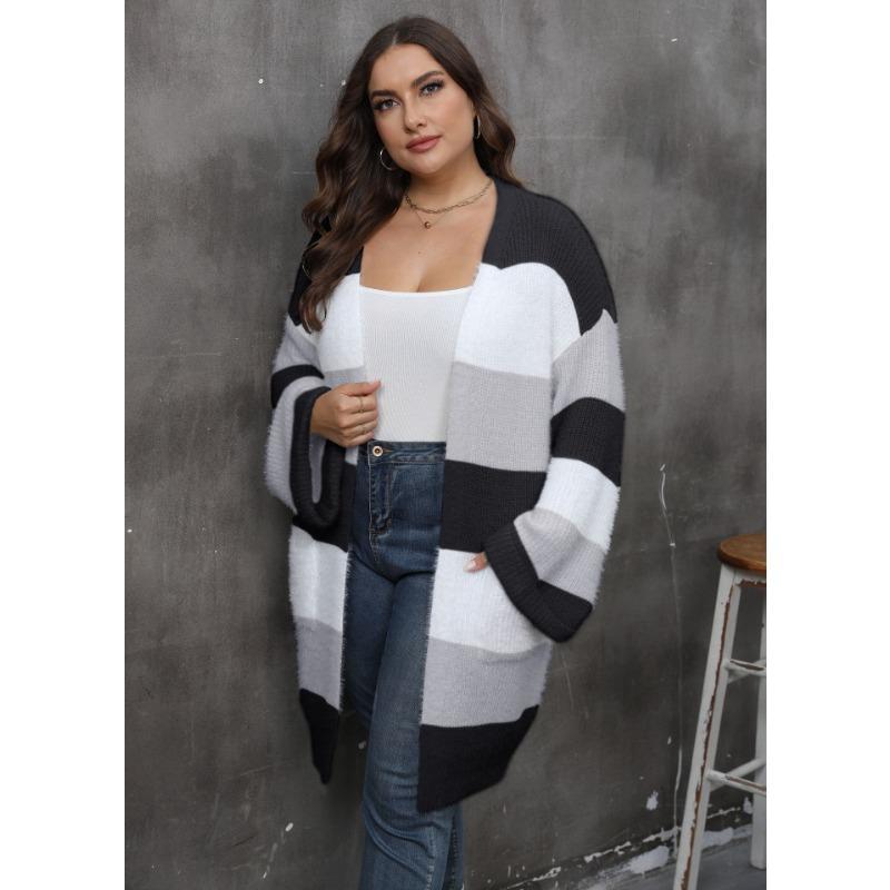 Женский свитер большого размера в полоску с двойным карманом и контрастными цветами, осенне-зимний