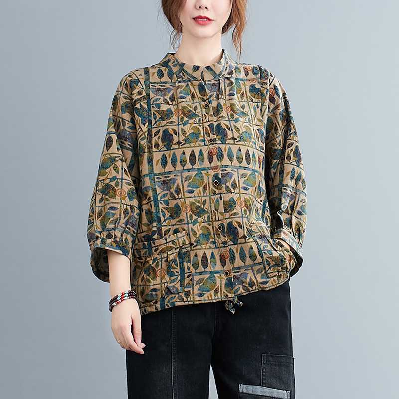 Рубашка из хлопка и льна в стиле ретро, ​​свободная женская блузка большого размера с принтом