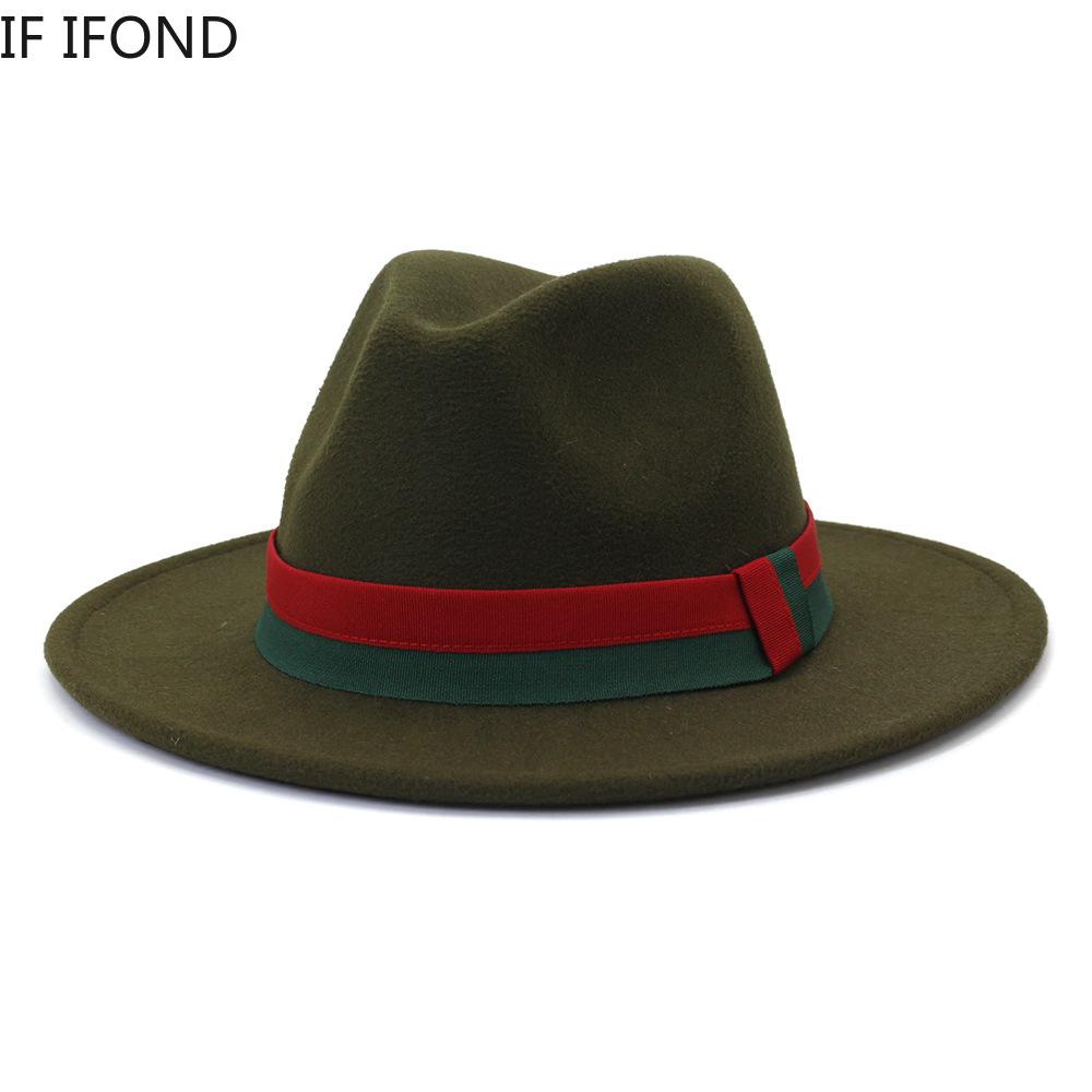 Фетровая шляпа Федора с красной зеленой лентой для женщин, классическое платье, официальная церковная зимняя шляпа, шерстяная панама с широкими полями, джазовая кепка