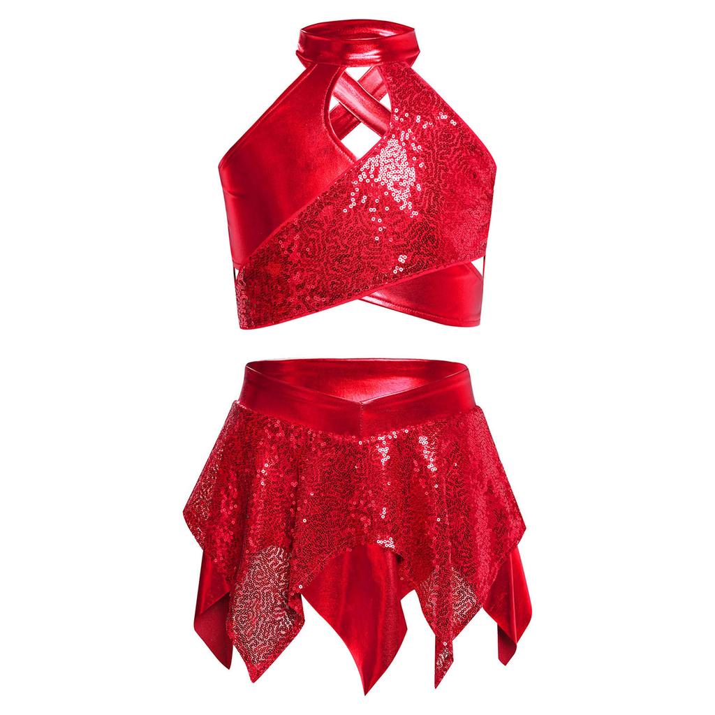 Костюм для джазового танца для девочек, блестящие пайетки, металлический кроп-топ, дизайн с перекрещенным вырезом, асимметричная юбка, наряд для выступления и соревнований