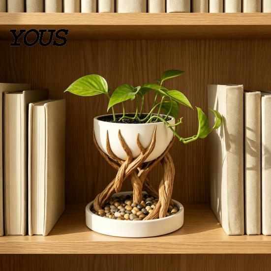 Indoor Plant Container 3D Printed Tree Root Planter, Bionic Wood Textured Flower Pot with Makeup Brush Organizer Drainage Hole, Succulent Desk