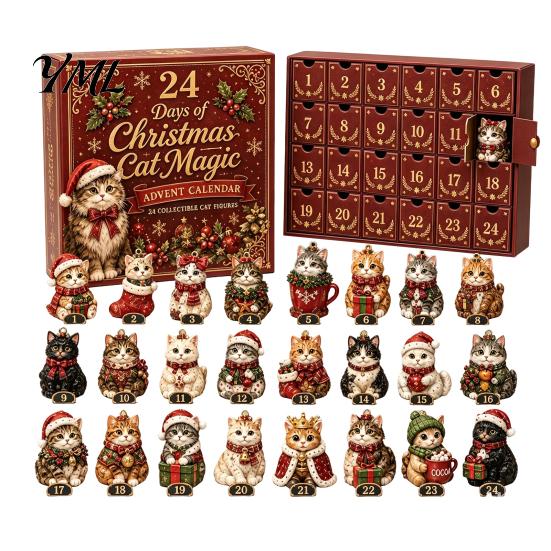 Collectible Animal Figures Magic Advent Calendar, 24-Day Highland Cow/Cat/Sheep/Red Bird Acrylic Ornament Set, Cozy Winter Home Decor 2D Flat