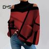 Women Fall Spring Top Hollow Out Off Shoulder Color Matching Geometric Print Long Sleeves Loose High Collar Pullover Lady Mid Length T Shirt Blouse