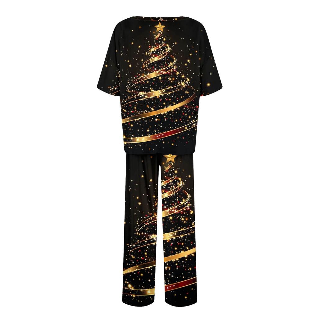 Женский шелковый атласный пижамный комплект с рождественским принтом, рубашка с коротким рукавом и длинные пижамные штаны, мягкая домашняя одежда