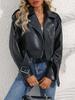 Women PU Leather Jacket Lady Motorcycle Leather Jacket  Lapel Zipper Faux Leather Short Coat with Belt