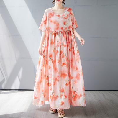 Летнее новое простое богемное длинное платье, расширенное и увеличенное, с короткими рукавами и круглым вырезом, с принтом, женская одежда
