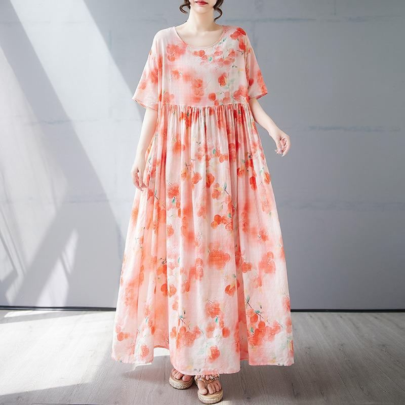 Summer new simple bohemian long dress fattened and enlarged short-sleeved crew neck printed dress women's clothing
