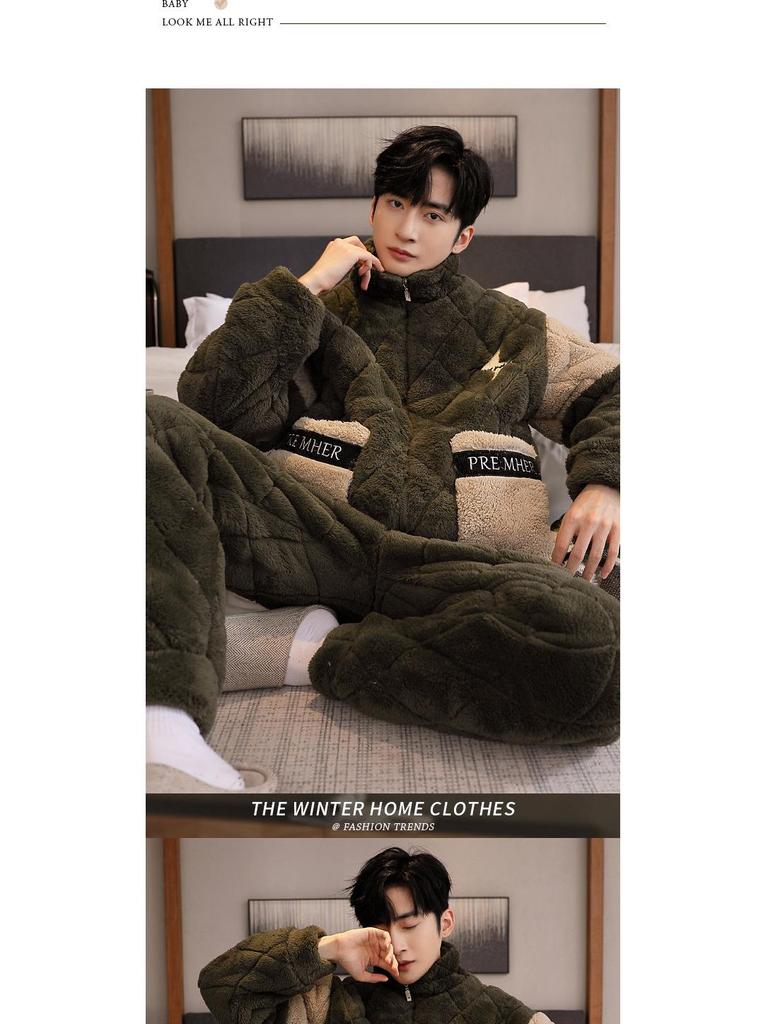 Men's Three-Layer Thickened Cotton Winter Pajamas - Warm, Simple, Luxury, and Suitable for Indoors and Outdoors.