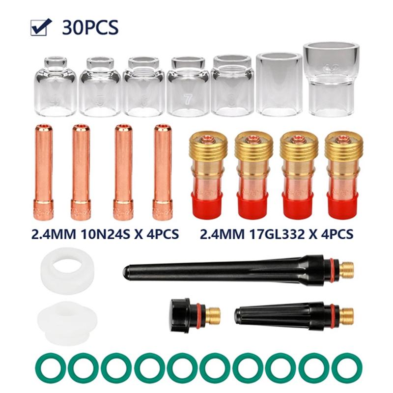 ABUL-30Pcs TIG Welding Torch Accessories Stubby Gas Lens 4 -12 Cup Kit For WP-17/18/26 Torch Welding Supplies