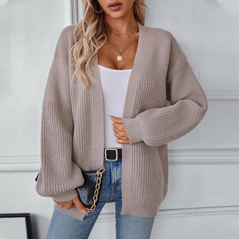 Autumn Winter Vintage Loose Long Sleeve Top Solid Color Cardigan Knitwear V-Neck Sweater