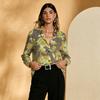 Women Oil‑painting Style Floral Print Lapel Long‑Sleeve Satin Blouse, Great for Daily Commute, Salon Party and Urban Casual Wear