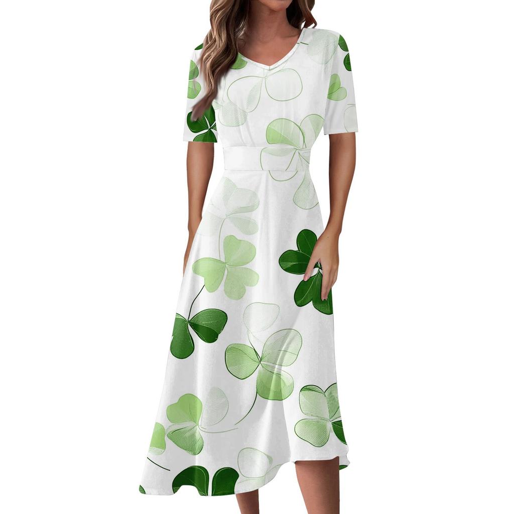 Женская повседневная мода Цветочный (лист) Платье-халат с принтом, V-образным вырезом, короткими рукавами и длинной юбкой-халат
