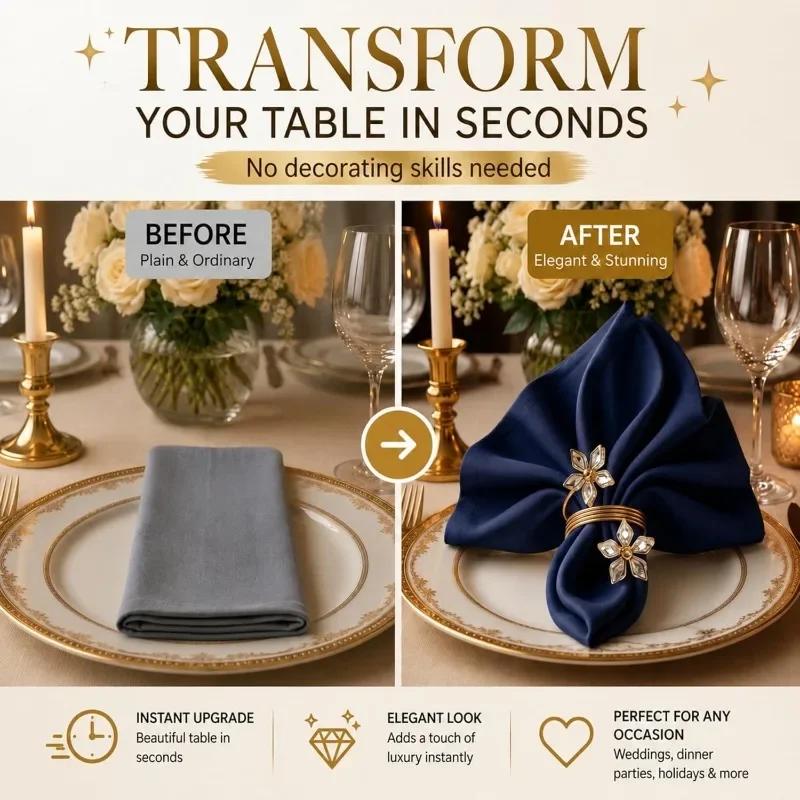 1-24PCS Crystal Napkin Rings 5 Petal Rhinestone Shiny Sparkling Table Decor for Hotel Wedding Banquet Dinner Party Home