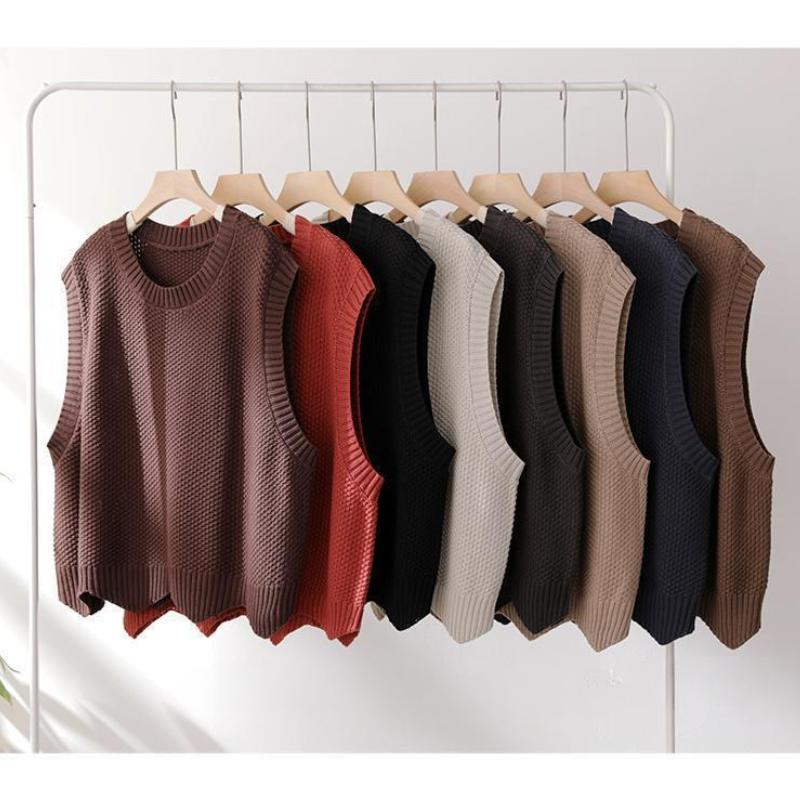 Fashion Knitted Vest Women's Clothes 2024 Autumn Solid Color Loose Round Neck Irregular Pullover Short Vest Outside The Waistcoat Winter