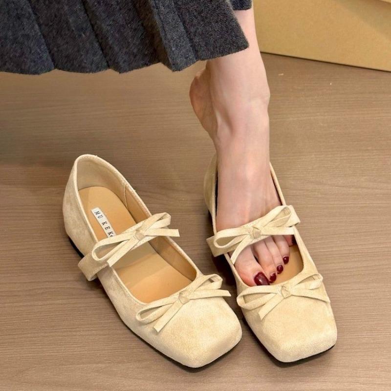 Fashion Women's Fashion Inner Increase Heel Shoes Spring New Square Head Shallow Mouth Suede Butterfly Knot Non-slip Heel Shoes