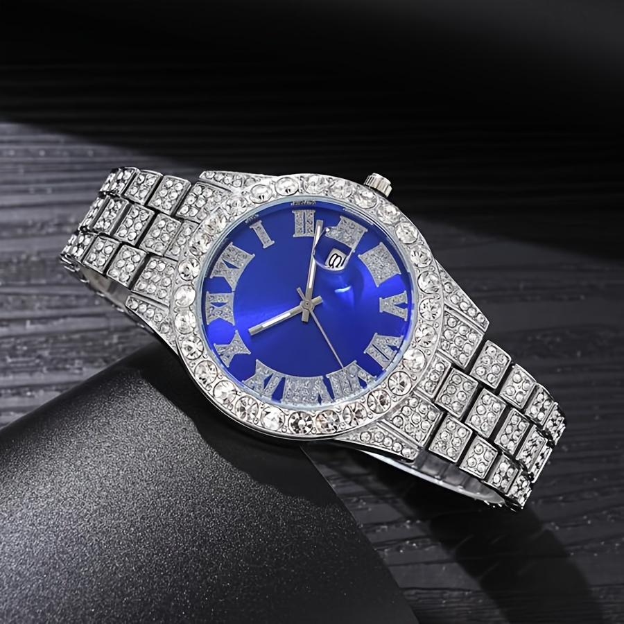Glamorous 2pcs Set: Rhinestone Quartz Watch With Alloy Strap & Bracelet - Shockproof, Swiss Movement, Analog Display For Men