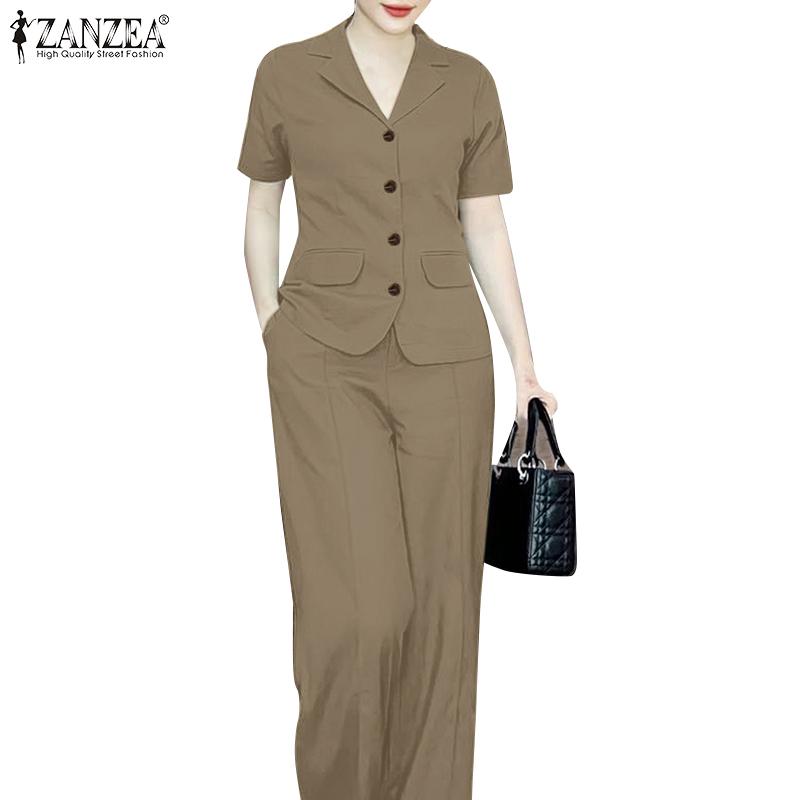 ZANZEA Women Short Sleeve Blouse and Pants Casual Two Piece Sets