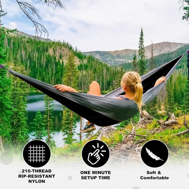 Camping Hammock Double Portable Hammock 210T Nylon with Tree Straps Carabiners Storage Bag for Hiking Beach Outdoor