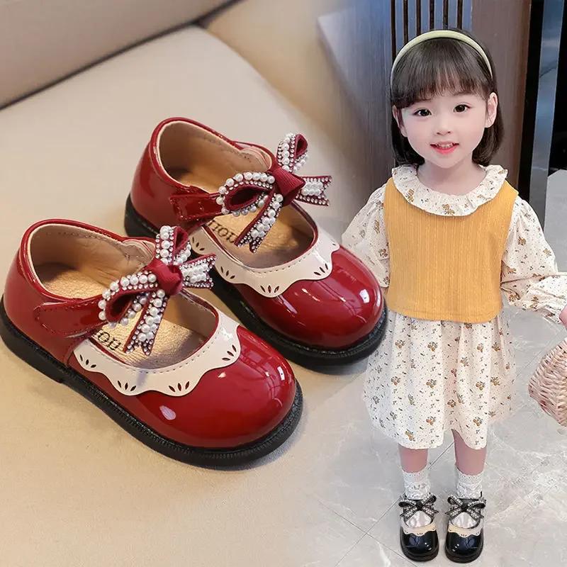 Spring Summer Girl's Shoes Beading Bow-tie Baby Girl Shoes Crystal Princess Dress Shoes Bordered Children Footwear F02262