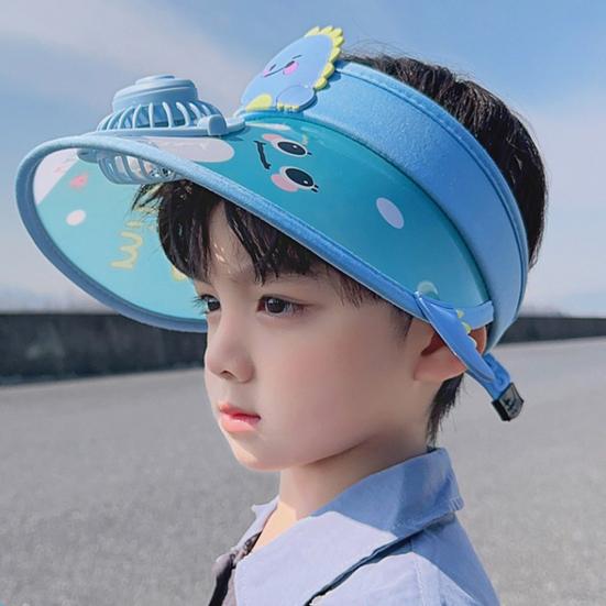 Кепка-козырек от солнца для детей с мультяшным рисунком и вентилятором для зарядки через USB UPF50+, летняя пляжная охлаждающая шляпа с пустым верхом и широкими полями для мальчиков и девочек 3–10 лет