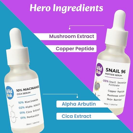 WildOak Hydration & Pore Minimizer Serum Combo: 10% Niacinamide Cica Serum + Snail 96 Peptide Serum | 30ml Each