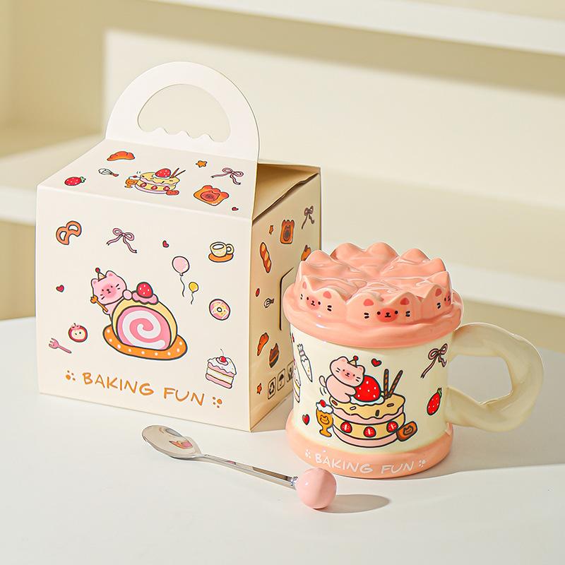 Нарисованная от руки кружка с милым котом «Торт на день рождения», офисная кружка для воды для высокой девушки с крышкой, домашняя парная керамическая кружка