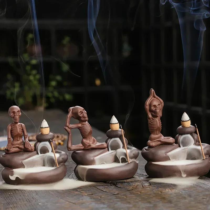 Halloween Ornament Skull Backflow Incense Burner Purple Clay Incense Stick Holder, Aromatherapy Home Decor Censer (No Incense)