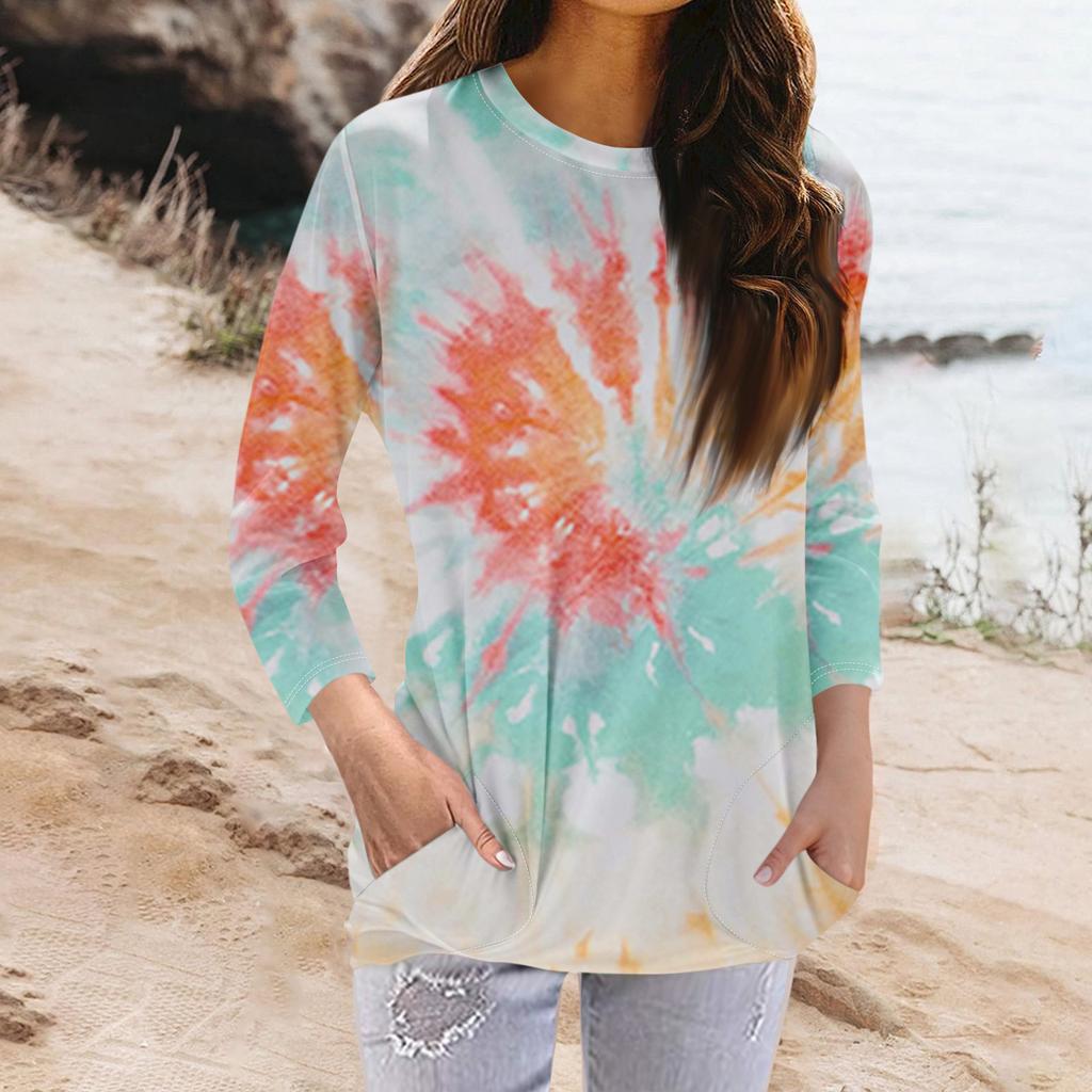 Женская модная повседневная футболка с карманом и круглым вырезом с рукавами 3/4 и топом