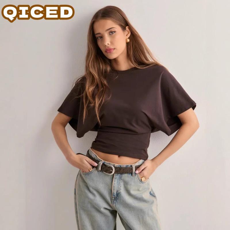 QICED Женские модные повседневные однотонные блузки и рубашки с коротким рукавом и круглым вырезом с принтом