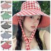 Sun Protection Hiking Fisherman Hat Sunscreen Plaid Hiking Cap Drawstring Sun Hat Fishing