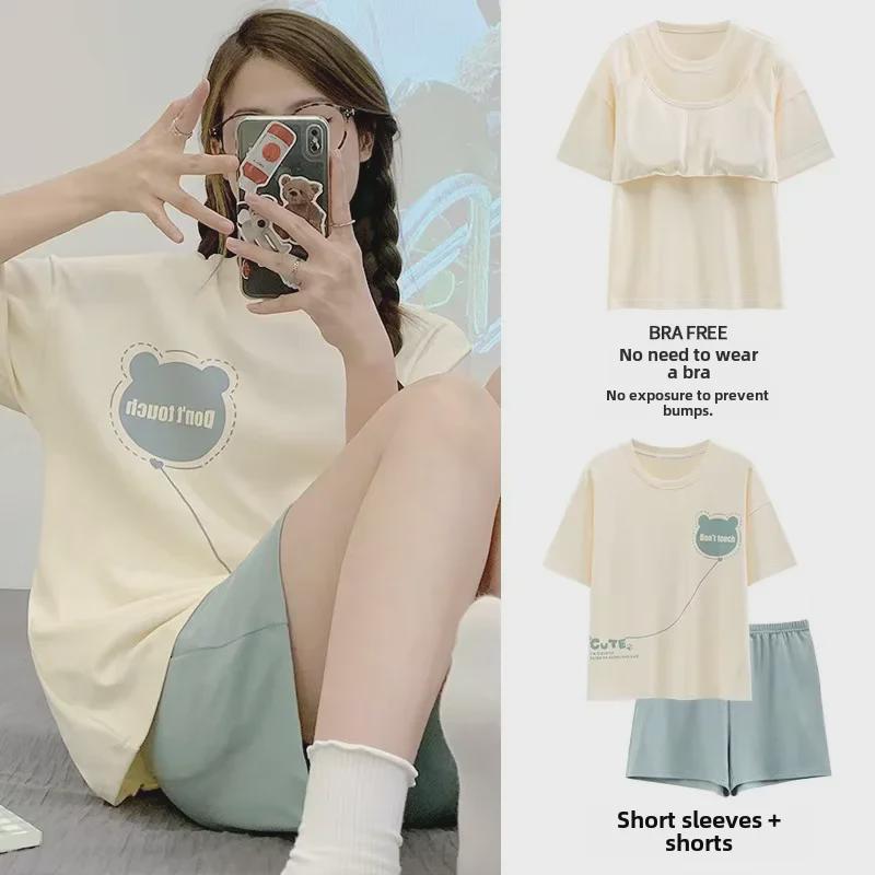 Женский летний пижамный комплект с мультяшным принтом – топ с короткими рукавами и шорты, свободный крой, новый стиль 2024 года