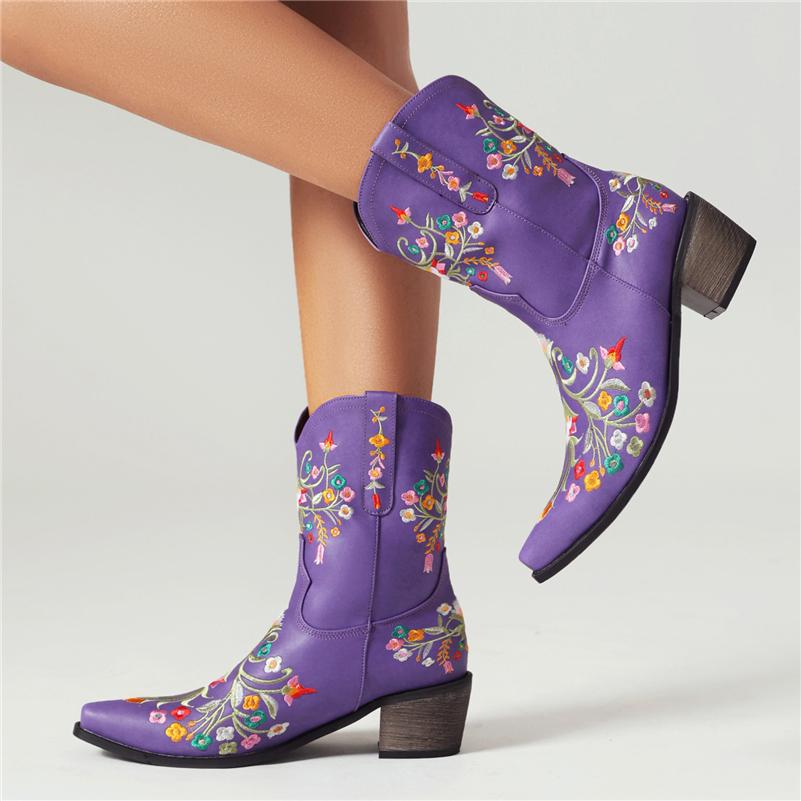 Женские ковбойские полусапоги до щиколотки с квадратным носком на толстом среднем каблуке и вышивкой в ​​стиле вестерн, ковбойские сапоги, женская обувь, зимняя обувь 46