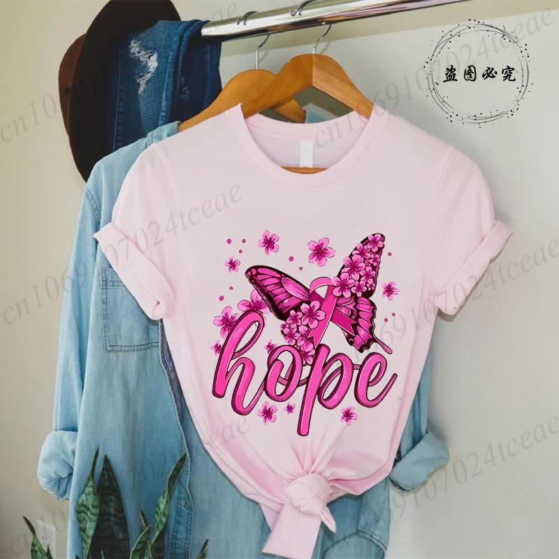 Hope Pink Ribbon Butterfly Breast Cancer Awareness Warrior Print Women's T-Shirt,Graphic Tee Tops,Casual Streetwear Fashion Tops
