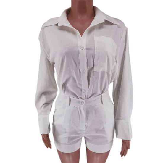 2 Pcs/Set Women Shirt Shorts Set Solid Color Long Sleeves Turn-down Collar Chest Pocket Blouse High Waist Loose Above Knee Length Pants Set