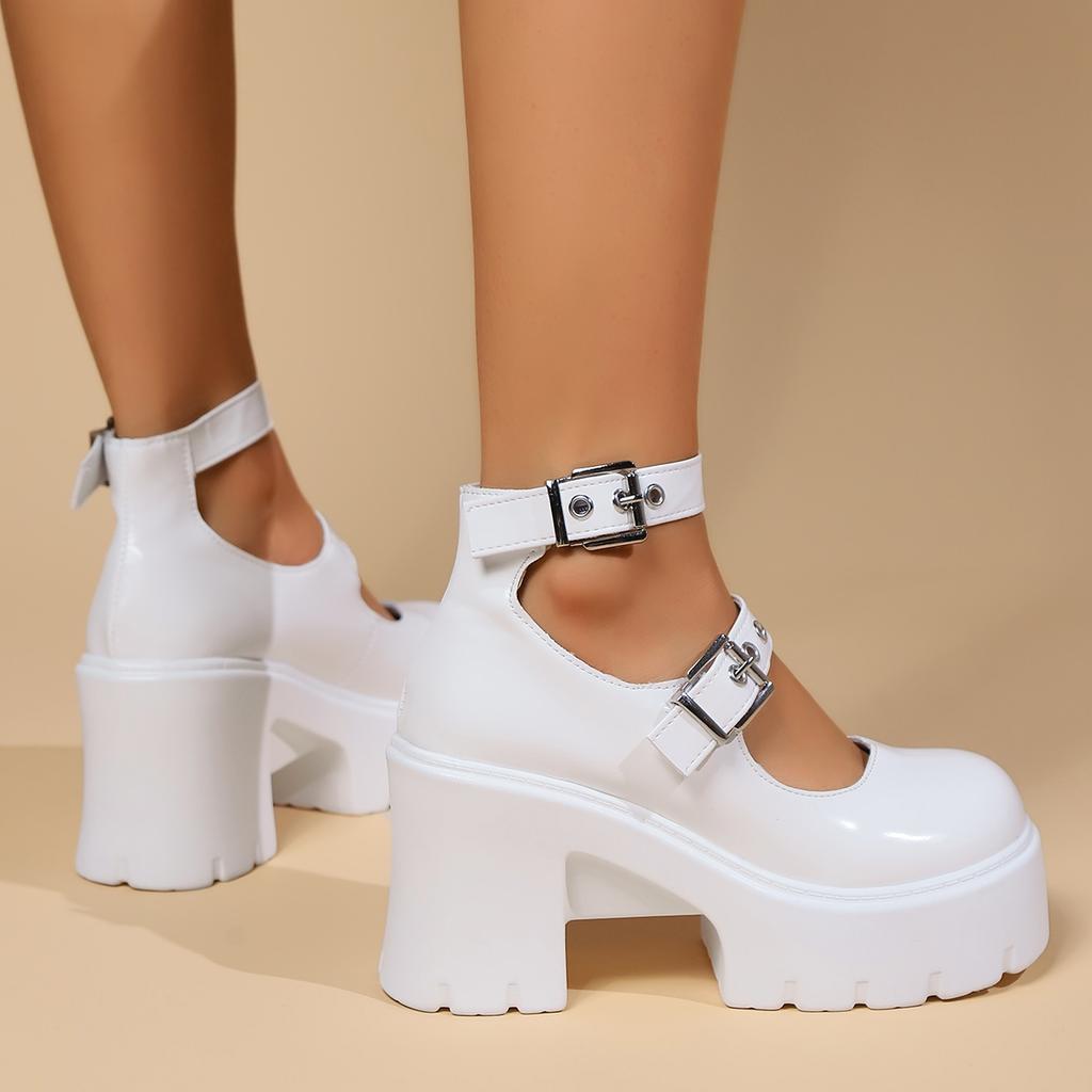 Модные готические туфли-лодочки на толстой платформе для женщин с очень высоким каблуком и ремешком на щиколотке Туфли Мэри Джейн для женщин Лакированная кожа Туфли-лодочки на толстом каблуке для женщин