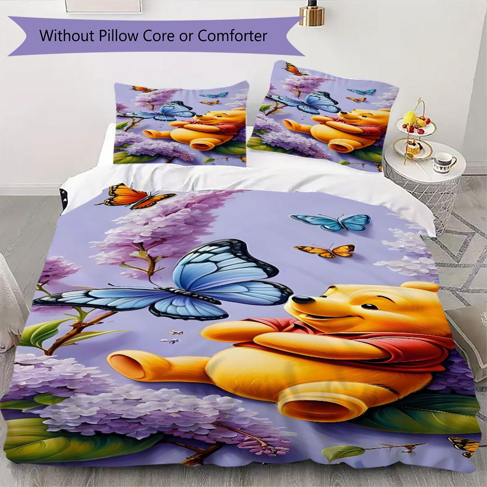 3pcs cartoon duvet cover set (1 duvet cover + 2 pillowcases, duvet insert not included), cute Winnie the Pooh print bedding set.
