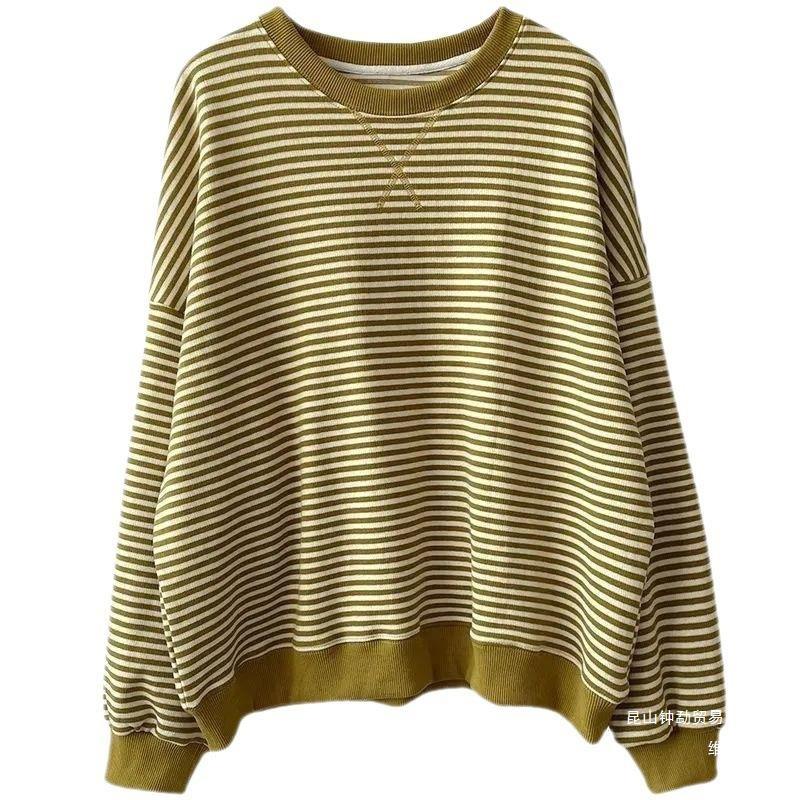 Женская свободная толстовка с круглым вырезом на весну и осень, большой размер, комплект с головой, полосатая куртка для похудения