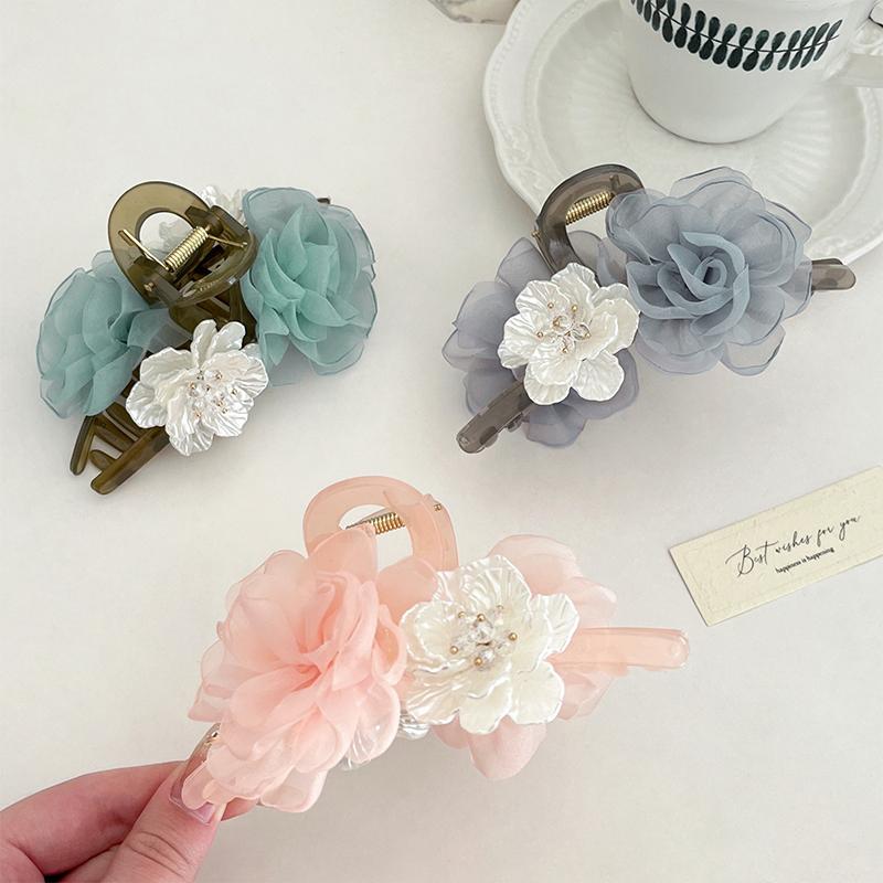 2Pcs 2026 New Chinese Style Flower Mesh Gripper Women Camellia Large Back of Head Shark Clip  Mesh Gripper