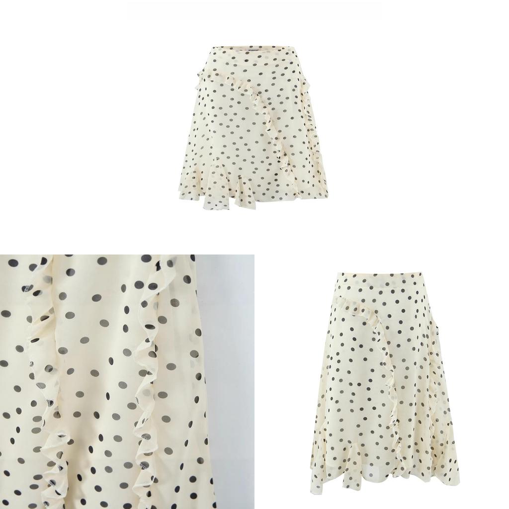 European Style Womens Polka Dot Ruffle Midi Skirt With Pockets For Daily Casual Wear