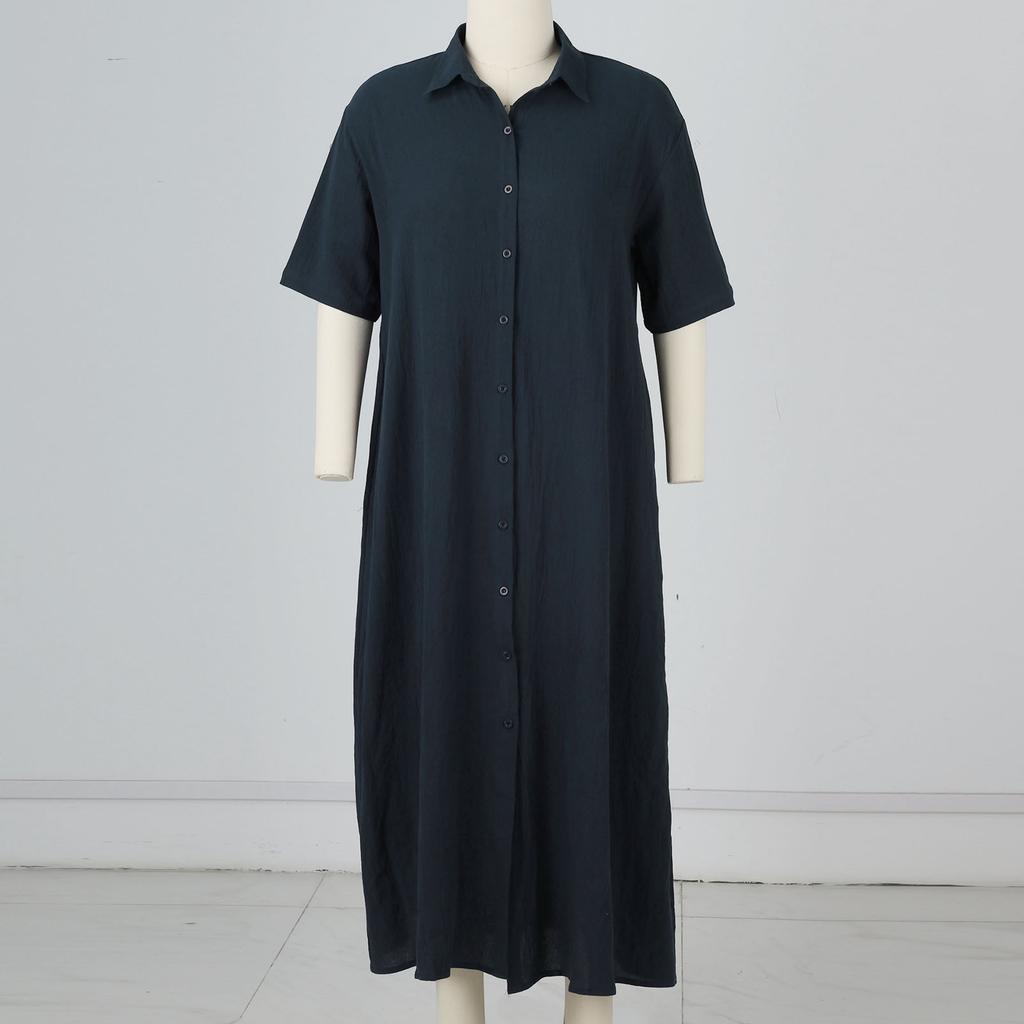 Женское повседневное хлопково-льняное однотонное свободное темпераментное короткое платье-рубашка