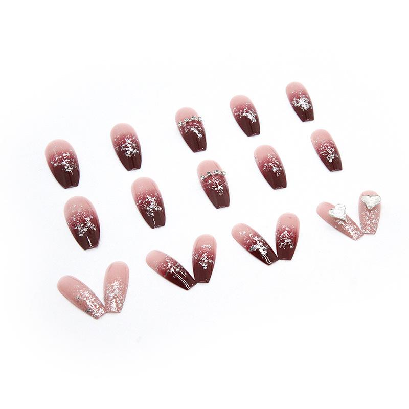 Artificial Nails Wine Red Smudge Flash Love Wear Nail Long Nail Art Transparent Hot Girl Ins Style False Nails 24 Pieces