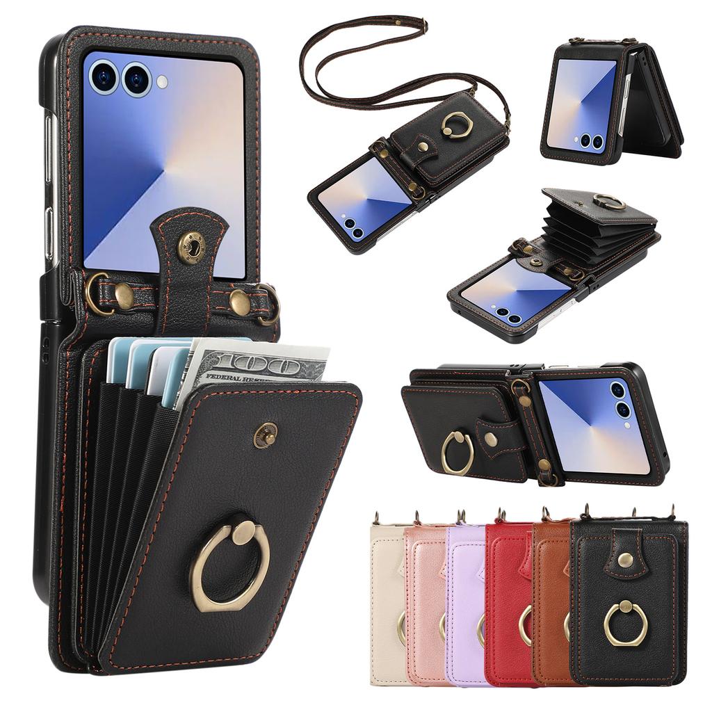 Crossbody Long Lanyard Organ Card Bag Ring Leather Phone Case for Samsung Z Flip 8 7 6 5 4 3 Shockproof Stand Slim Fit Cover