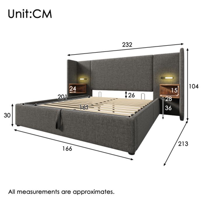 Lit double capitonné - MUVOE - 160x200 cm - avec table de chevet - liseuse USB - matelas inclus